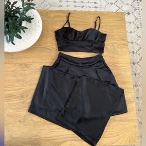 Black Satin Two-Piece Crop Top & High Rise Pants from Dynamite